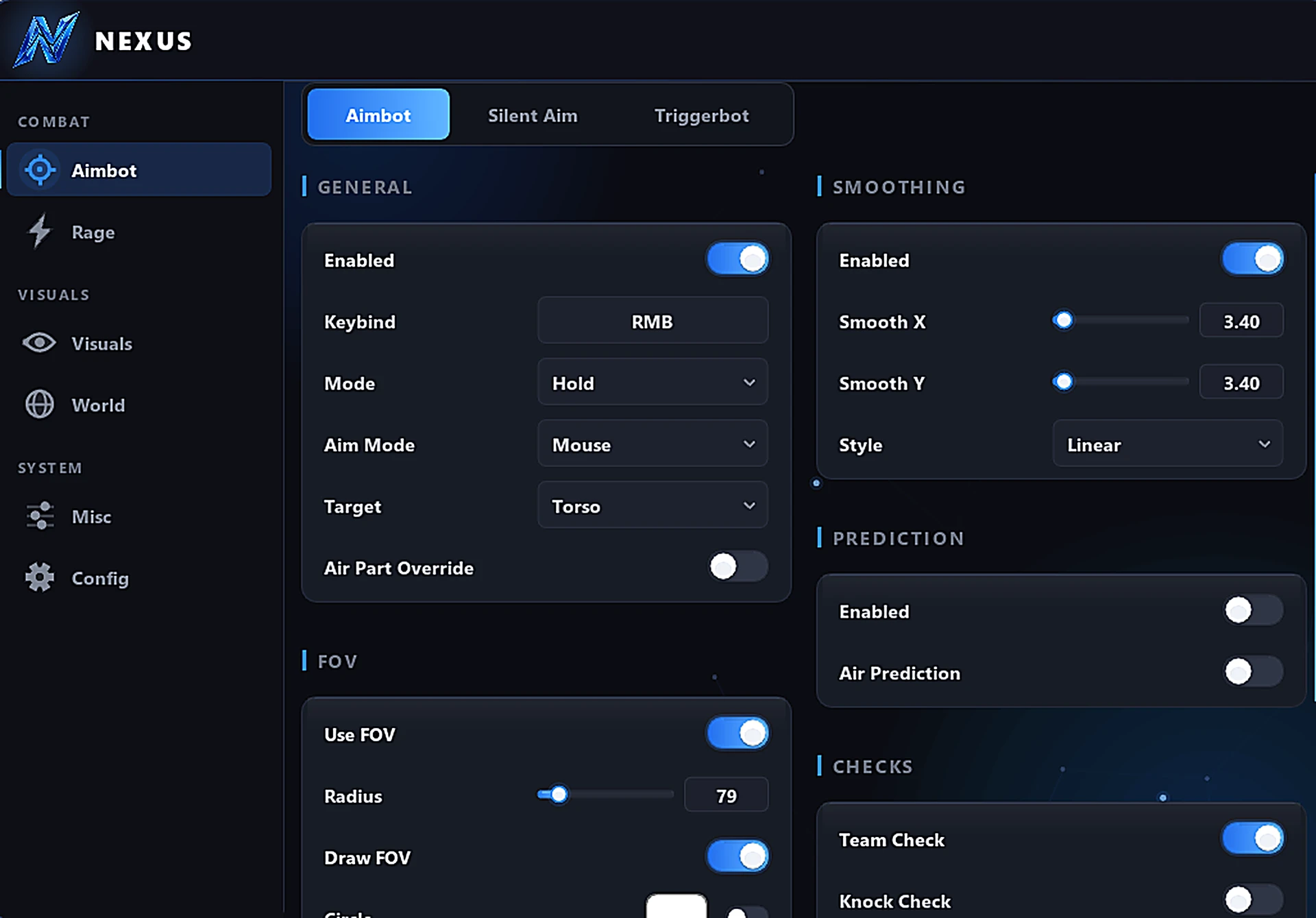 Nexus mod menu interface showing Aimbot, Silent Aim, Triggerbot and smoothing controls